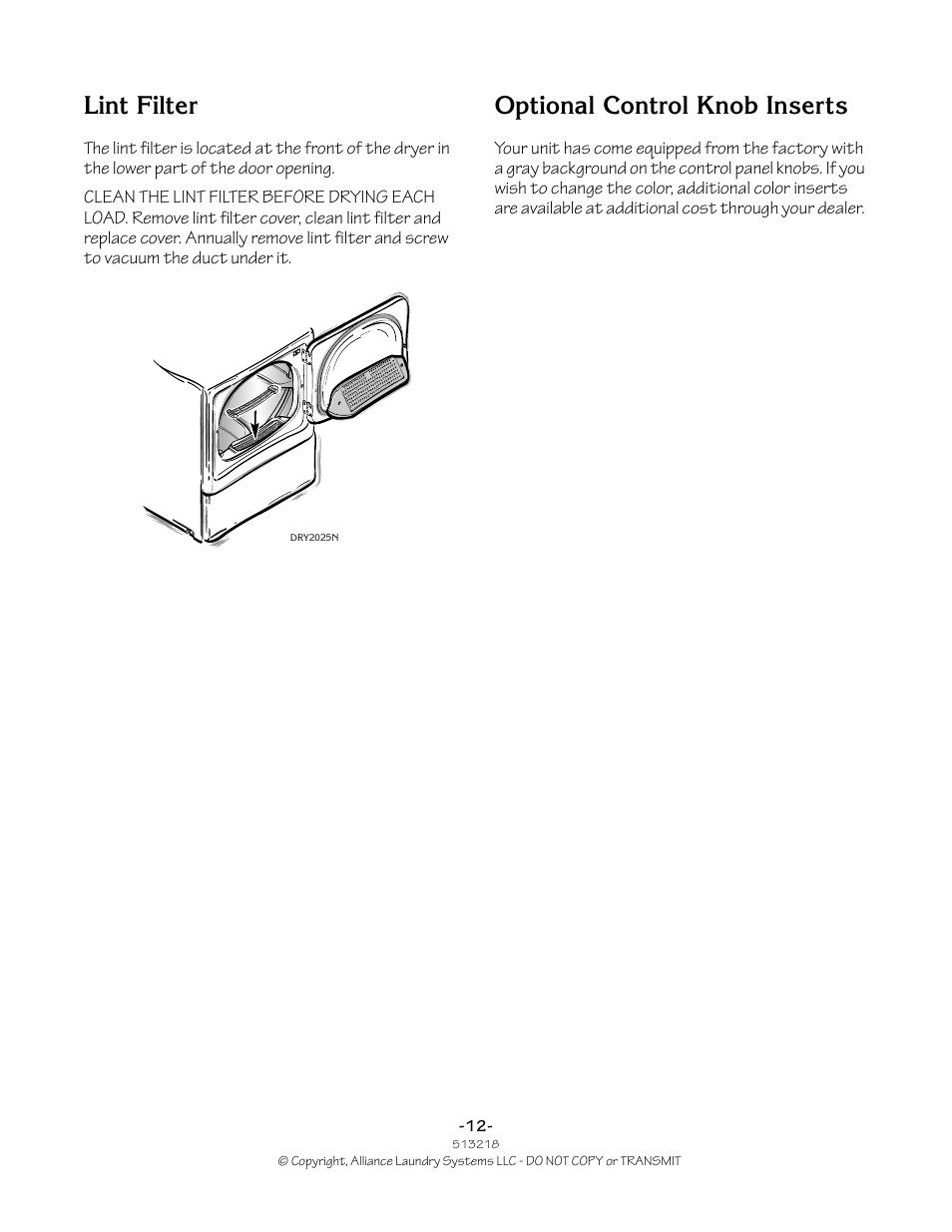 Lint filter, Optional control knob inserts | Speed Queen HVR-M15N/M15P User Manual | Page 12 / 14