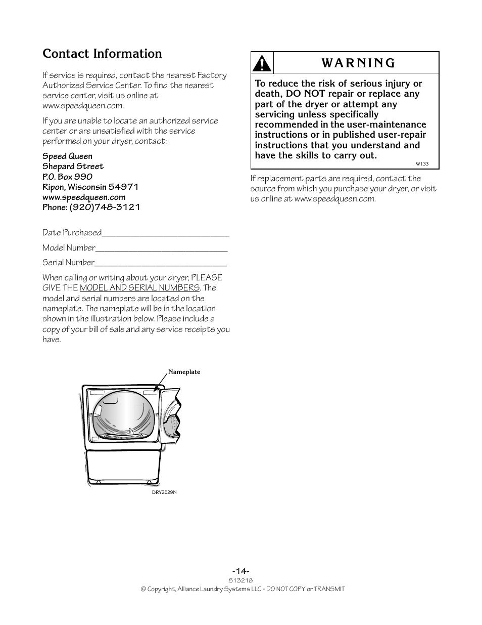 Contact information | Speed Queen HVR-M15N/M15P User Manual | Page 14 / 14