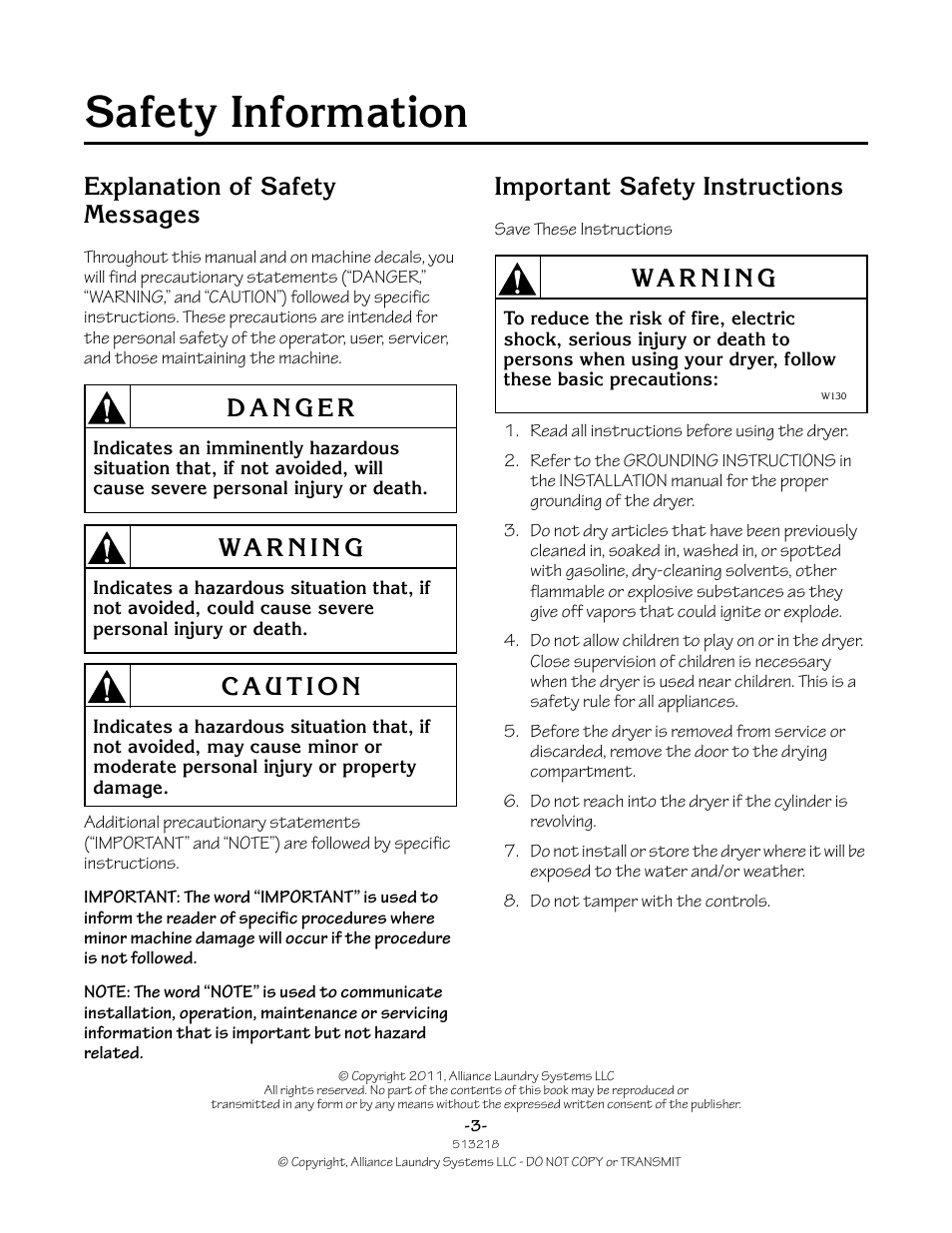 Safety information, Explanation of safety messages, Important safety instructions | Speed Queen HVR-M15N/M15P User Manual | Page 3 / 14