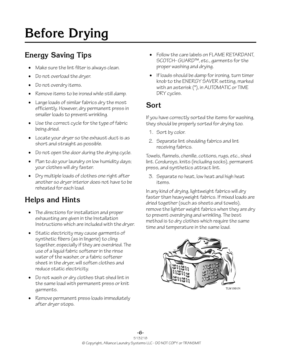 Before drying, Energy saving tips, Helps and hints | Sort | Speed Queen HVR-M15N/M15P User Manual | Page 6 / 14