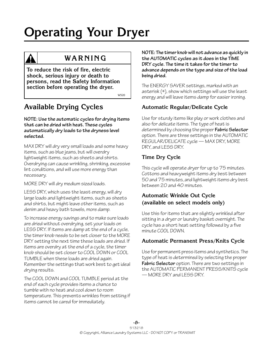 Operating your dryer, Available drying cycles | Speed Queen HVR-M15N/M15P User Manual | Page 8 / 14