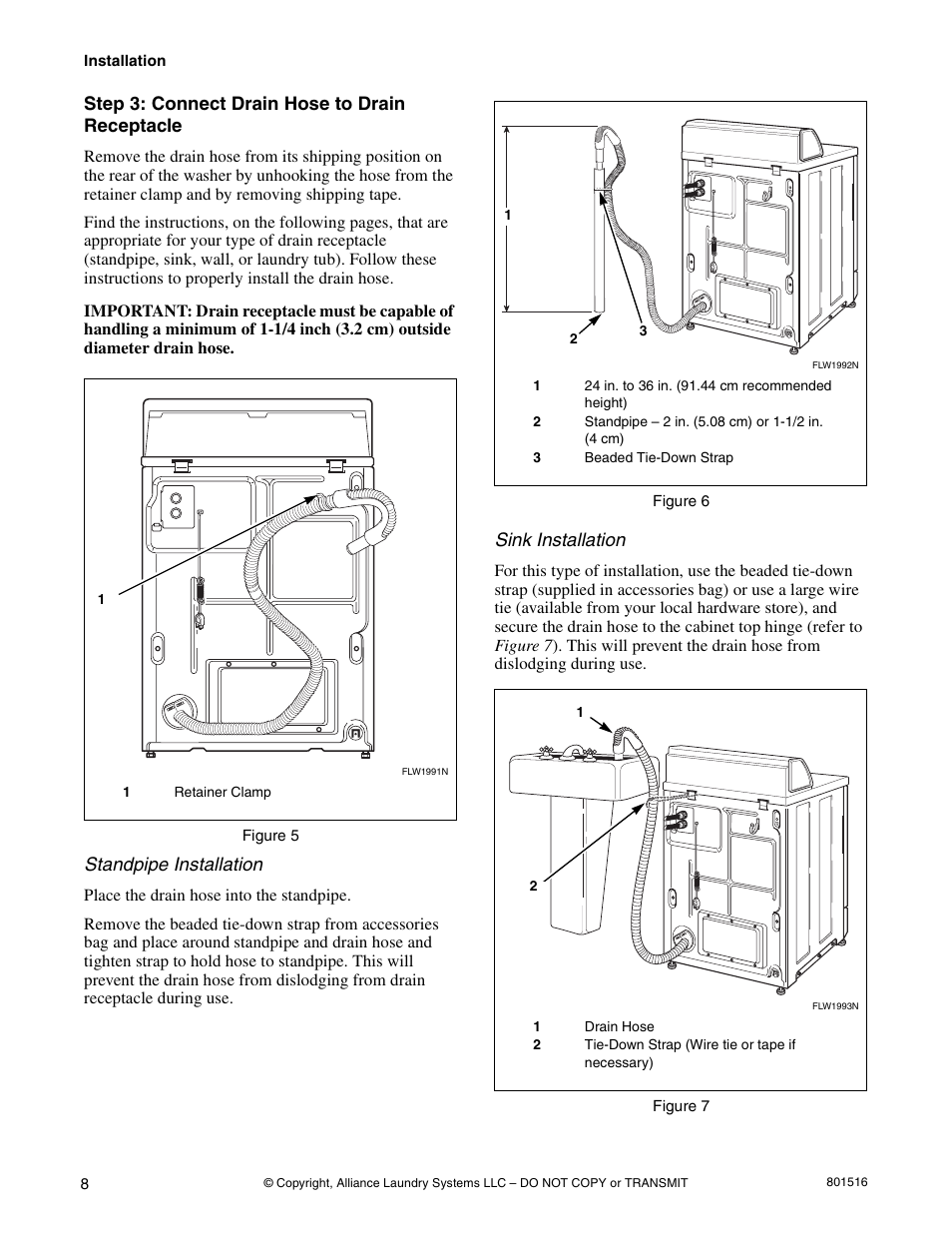 Step 3: connect drain hose to drain receptacle, Standpipe installation, Sink installation | Speed Queen H370I User Manual | Page 10 / 38