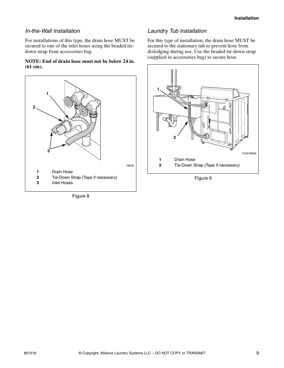In-the-wall installation, Laundry tub installation | Speed Queen H370I User Manual | Page 11 / 38