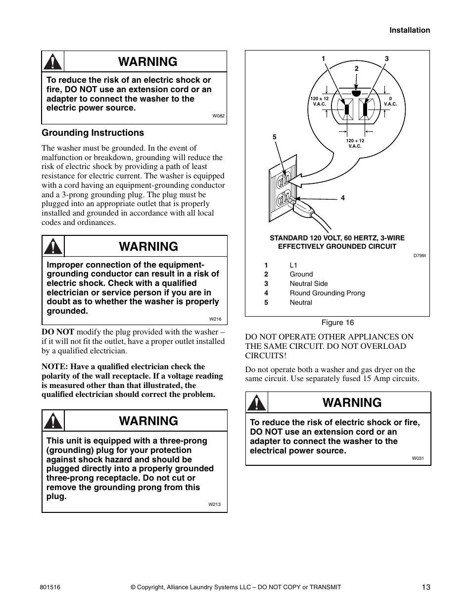 Warning, Grounding instructions | Speed Queen H370I User Manual | Page 15 / 38