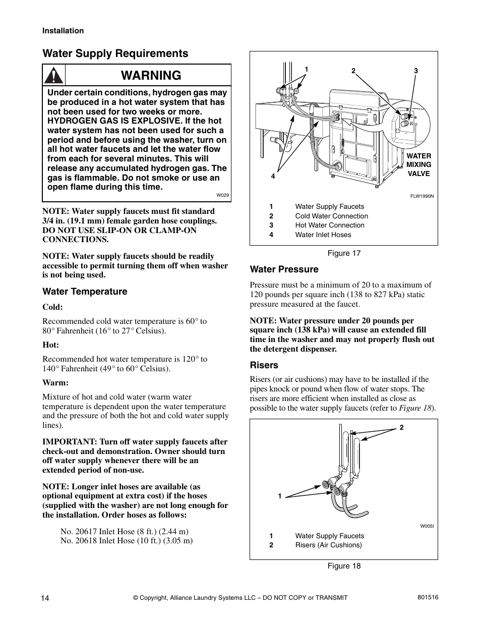 Warning, Water supply requirements | Speed Queen H370I User Manual | Page 16 / 38