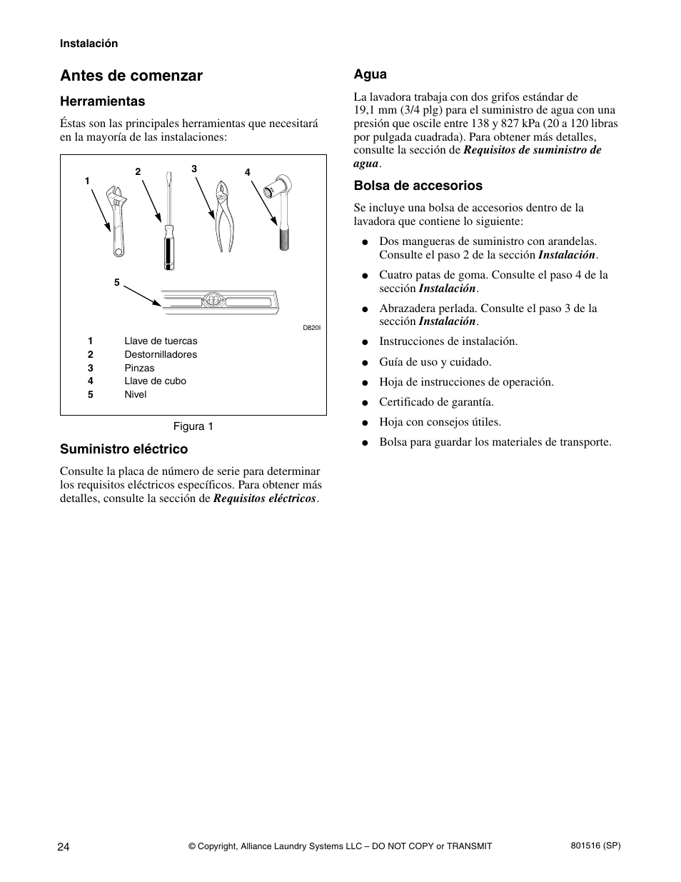 Antes de comenzar, Herramientas, Suministro eléctrico | Agua, Bolsa de accesorios | Speed Queen H370I User Manual | Page 26 / 38