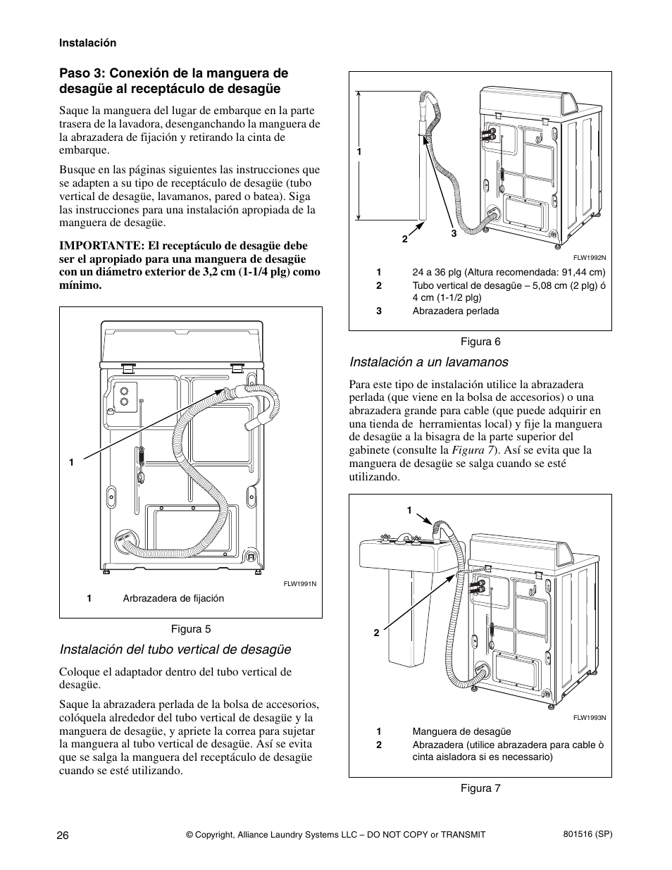 Instalación del tubo vertical de desagüe, Instalación a un lavamanos | Speed Queen H370I User Manual | Page 28 / 38