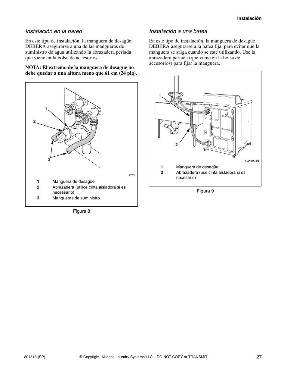 Instalación en la pared, Instalación a una batea | Speed Queen H370I User Manual | Page 29 / 38