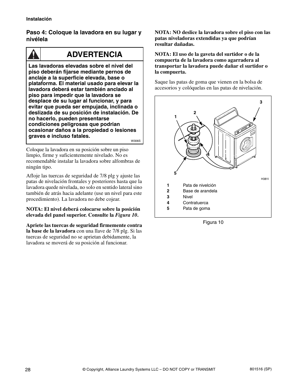 Advertencia | Speed Queen H370I User Manual | Page 30 / 38
