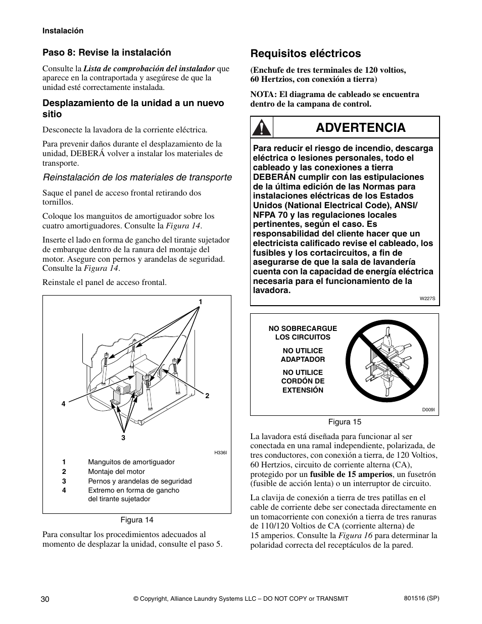 Advertencia, Requisitos eléctricos | Speed Queen H370I User Manual | Page 32 / 38