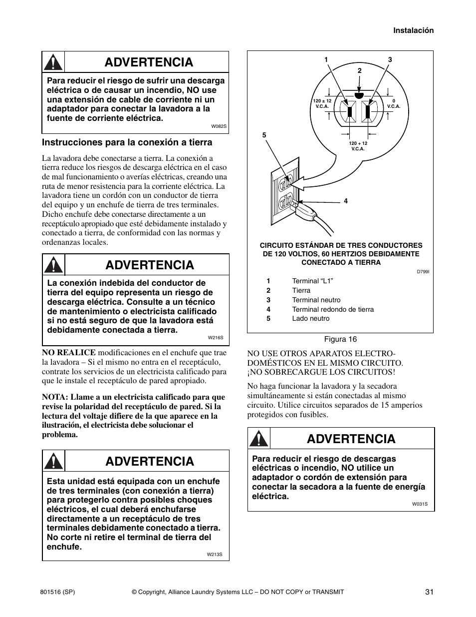 Advertencia, Instrucciones para la conexión a tierra | Speed Queen H370I User Manual | Page 33 / 38