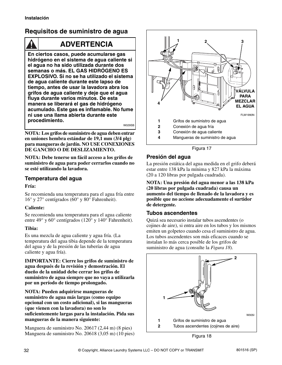Advertencia, Requisitos de suministro de agua | Speed Queen H370I User Manual | Page 34 / 38