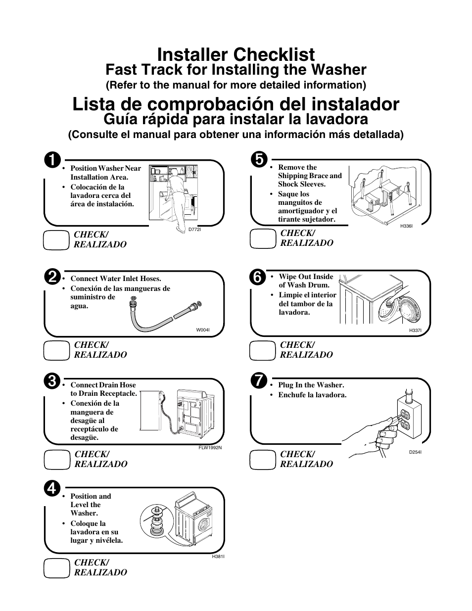 Installer checklist, Lista de comprobación del instalador, Fast track for installing the washer | Guía rápida para instalar la lavadora | Speed Queen H370I User Manual | Page 38 / 38