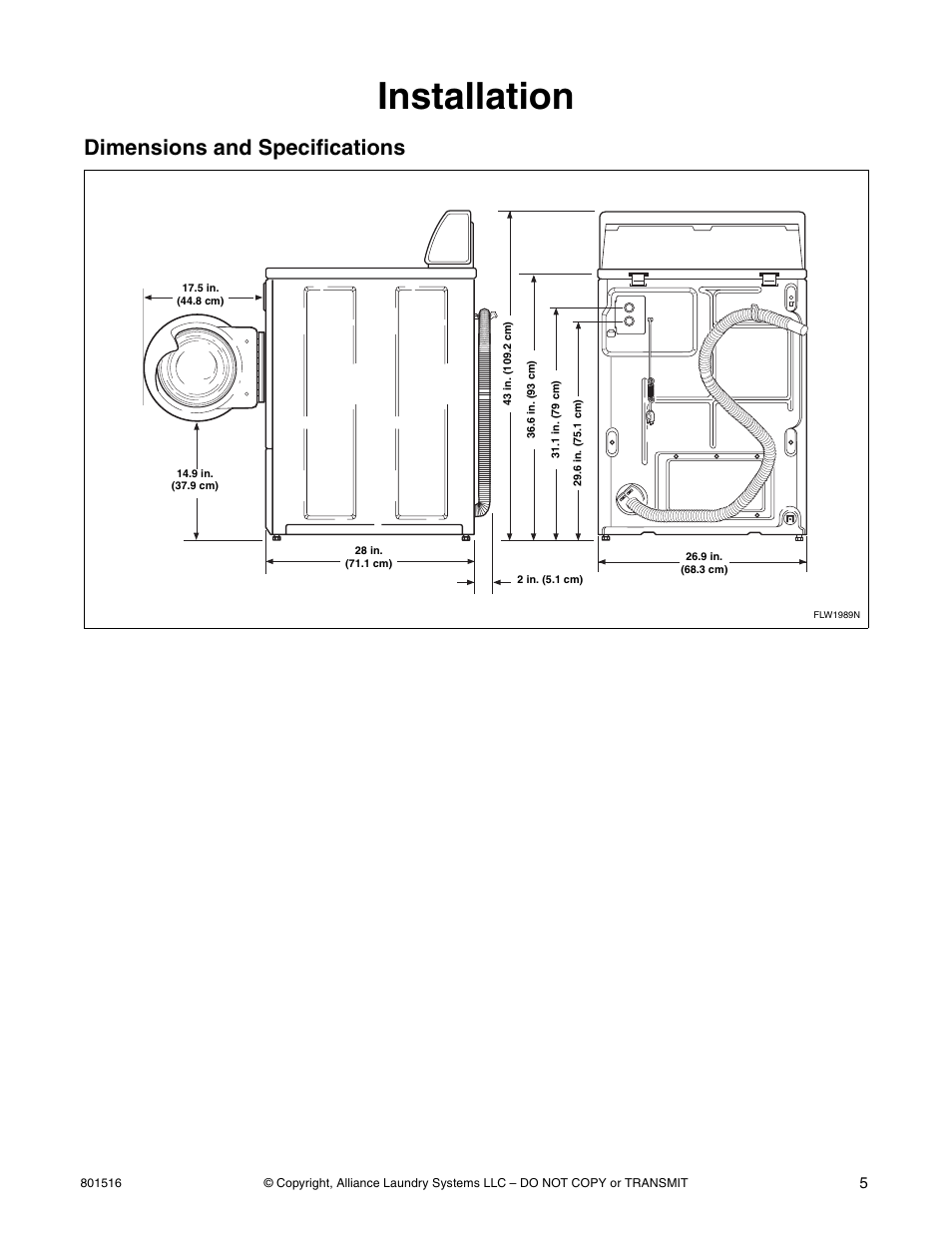 Installation, Dimensions and specifications | Speed Queen H370I User Manual | Page 7 / 38