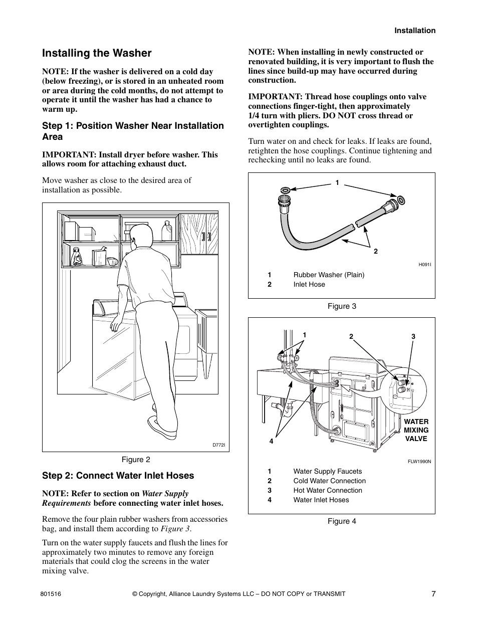 Installing the washer, Step 1: position washer near installation area, Step 2: connect water inlet hoses | Speed Queen H370I User Manual | Page 9 / 38