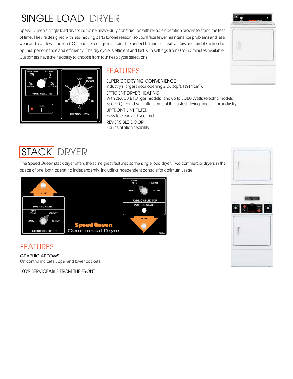 Single load dryer, Stack dryer, Features | Speed Queen SSG809 User Manual | Page 3 / 4