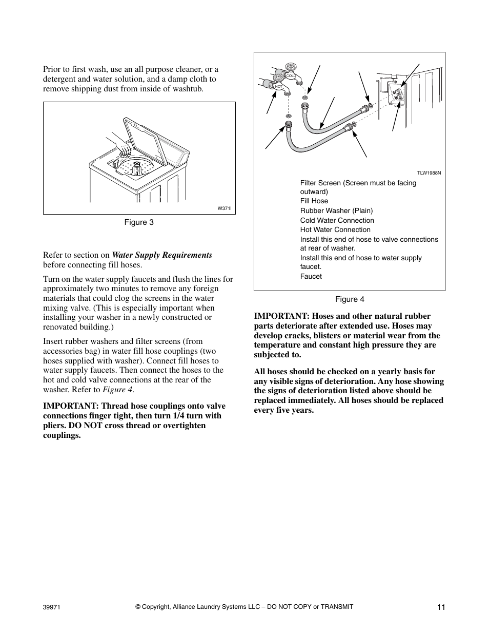 Step 2: wipe out inside of washtub, Step 3: connect fill hoses | Speed Queen W001C User Manual | Page 13 / 30