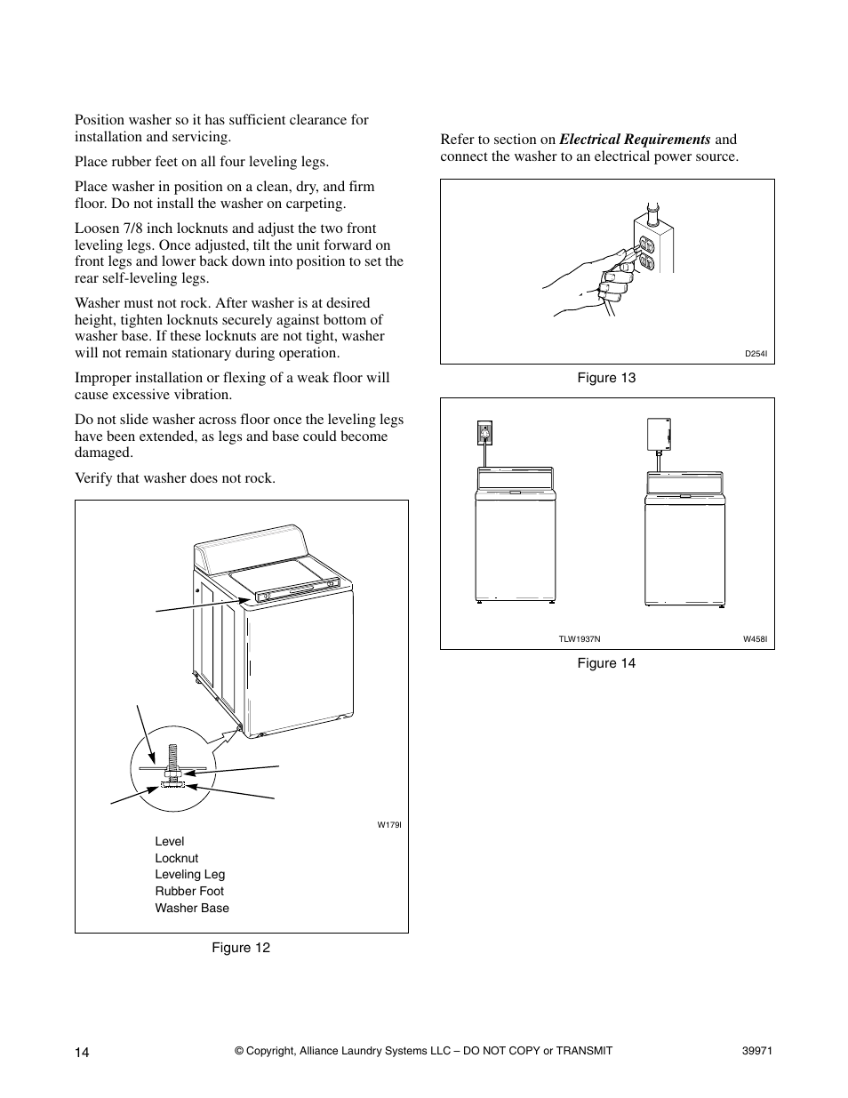 Step 5: position and level the washer, Step 6: connect the washer to electrical power | Speed Queen W001C User Manual | Page 16 / 30