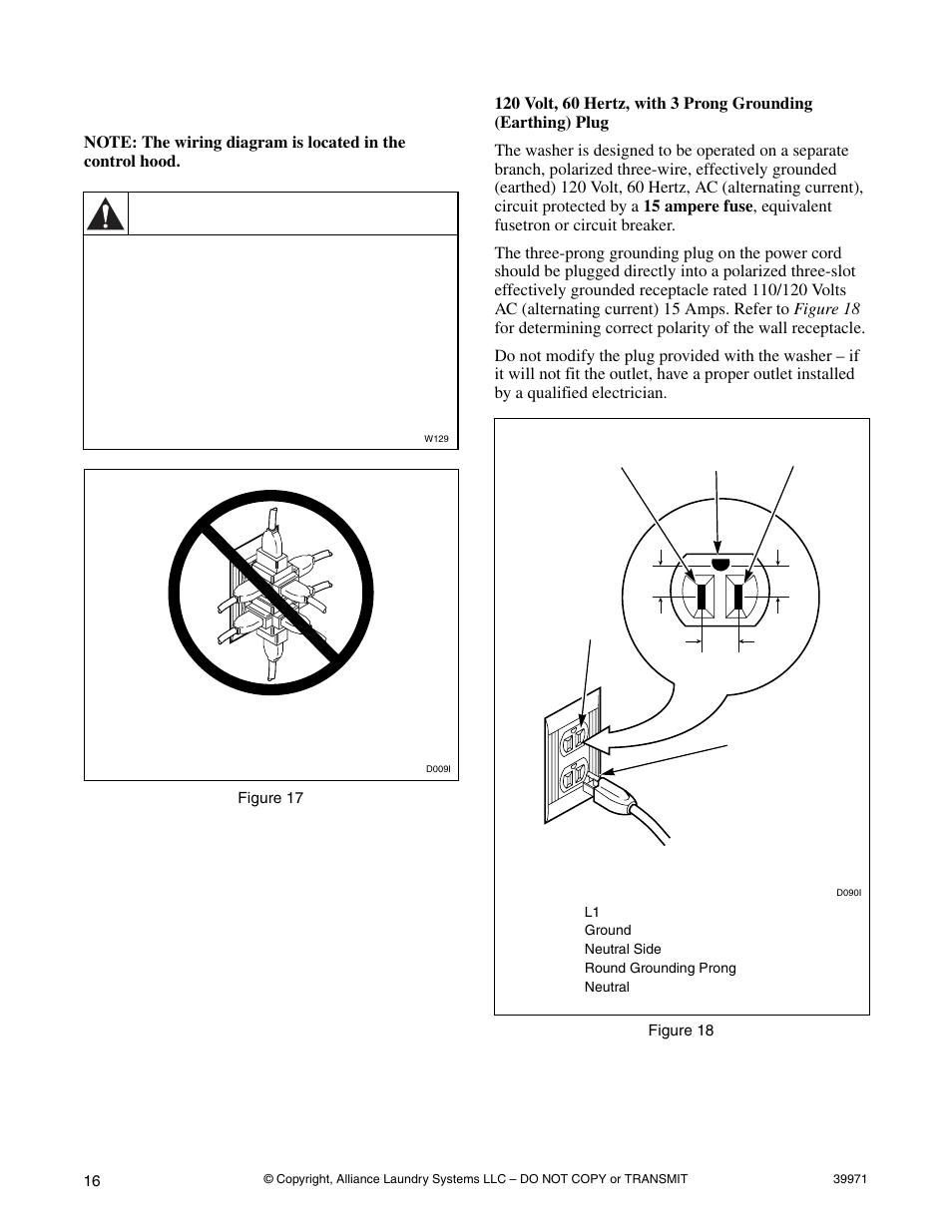 Electrical requirements, Warning | Speed Queen W001C User Manual | Page 18 / 30