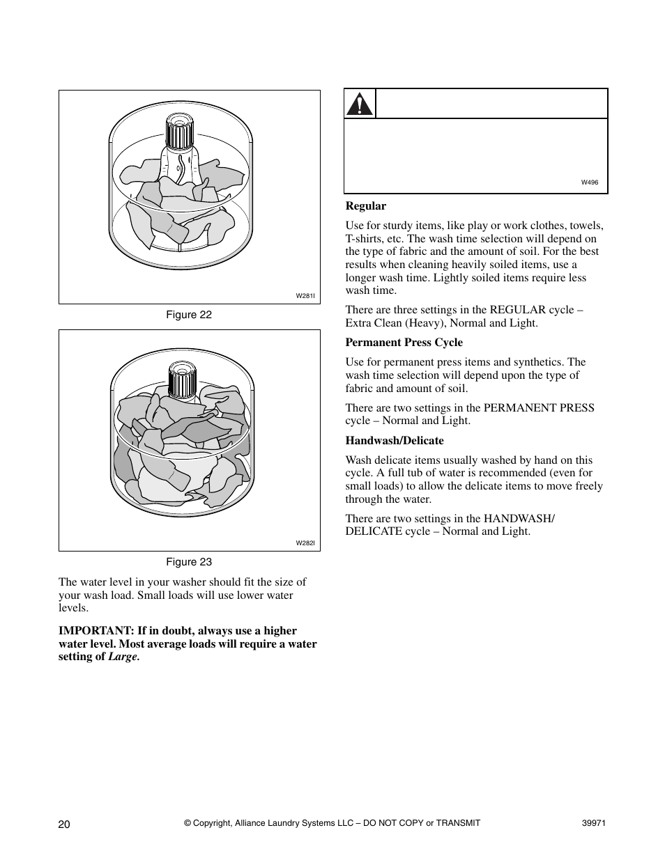 Water level, Determine proper cycle, Warning | Speed Queen W001C User Manual | Page 22 / 30