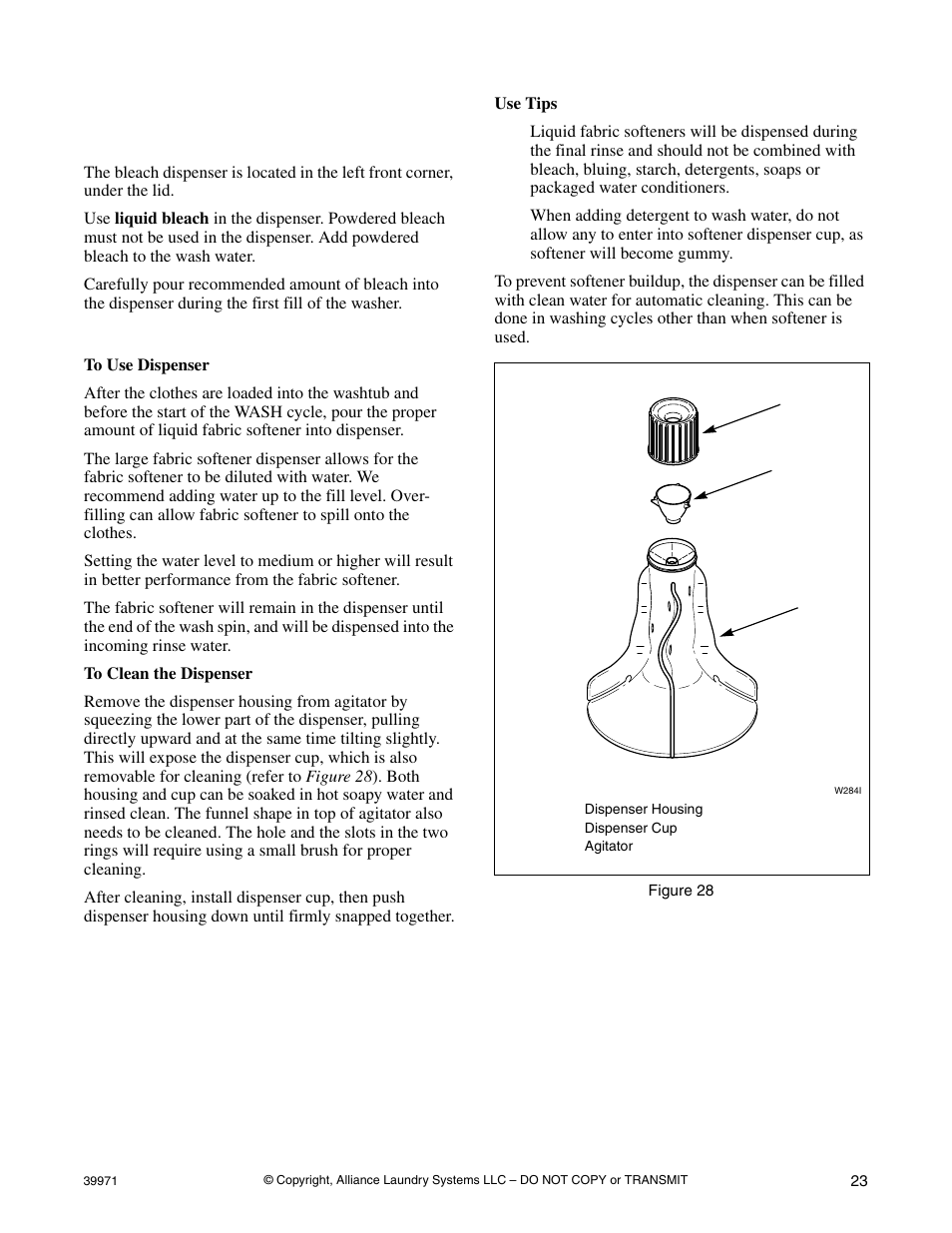 Optional features, Bleach dispenser fabric softener dispenser | Speed Queen W001C User Manual | Page 25 / 30