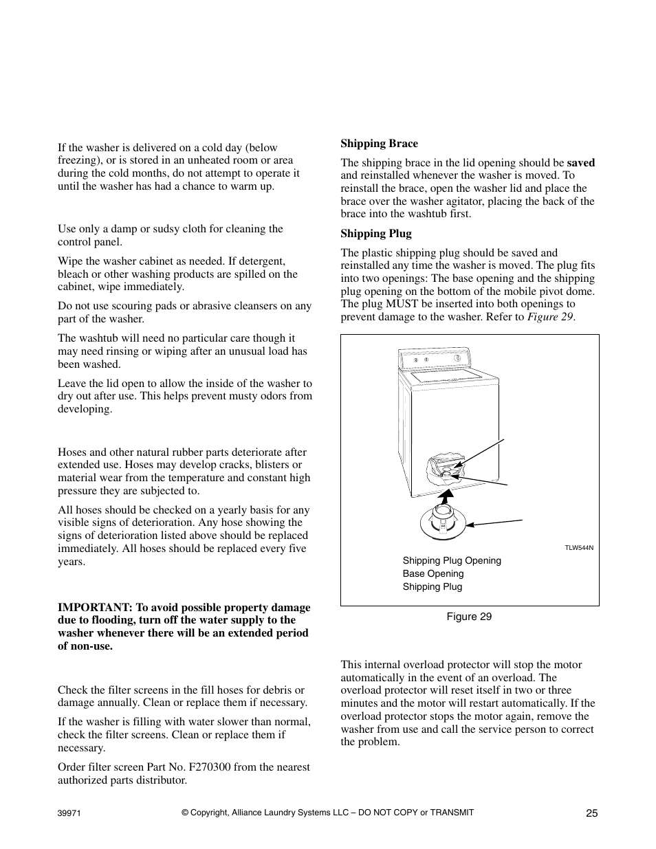 Maintenance, User-maintenance instructions, Motor overload protector | Speed Queen W001C User Manual | Page 27 / 30