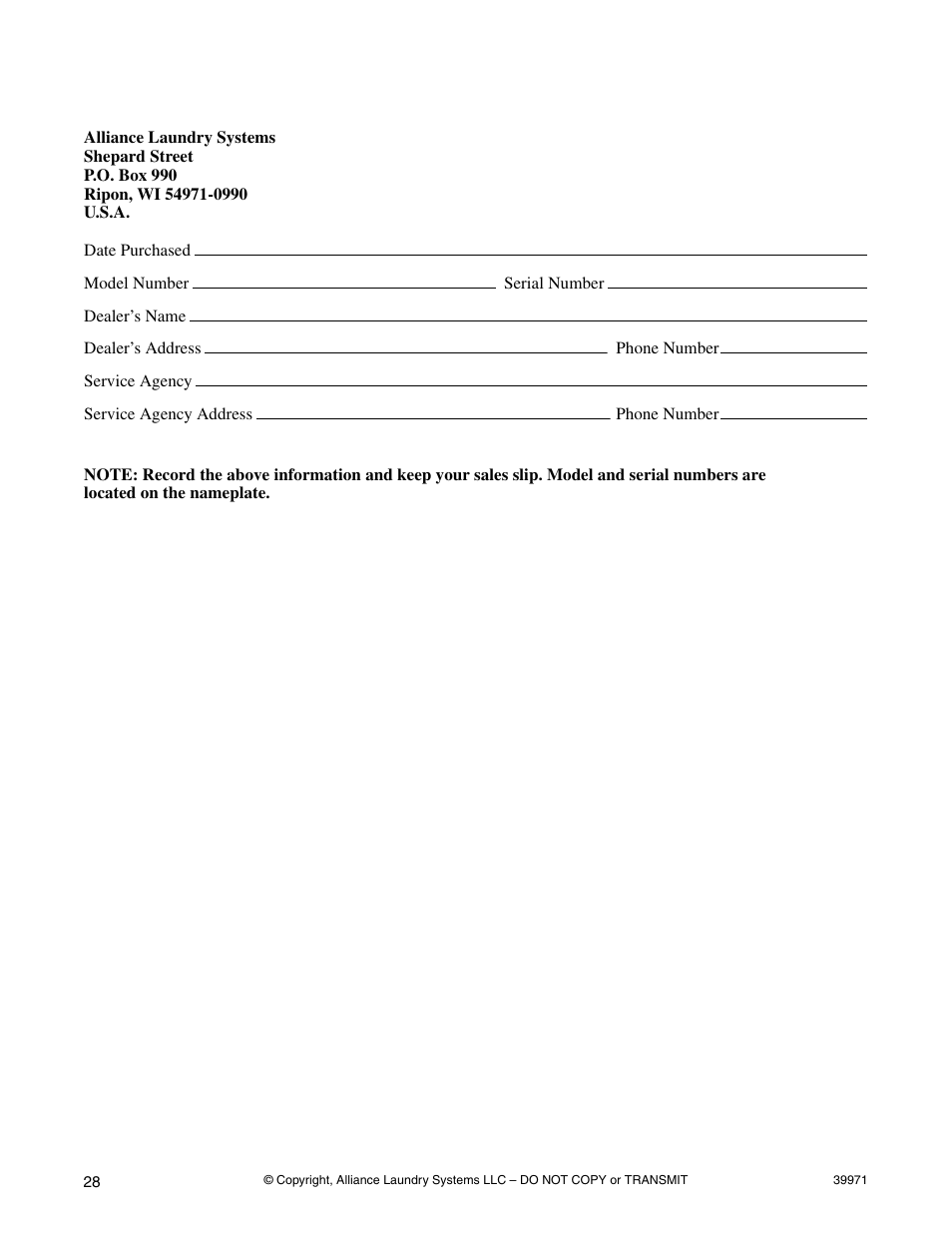 Information for handy reference | Speed Queen W001C User Manual | Page 30 / 30