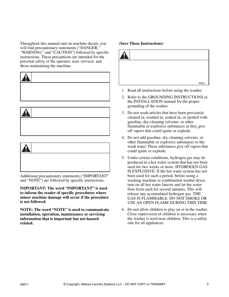 Safety information, Explanation of safety messages, Important safety instructions | Danger, Warning, Caution | Speed Queen W001C User Manual | Page 9 / 30