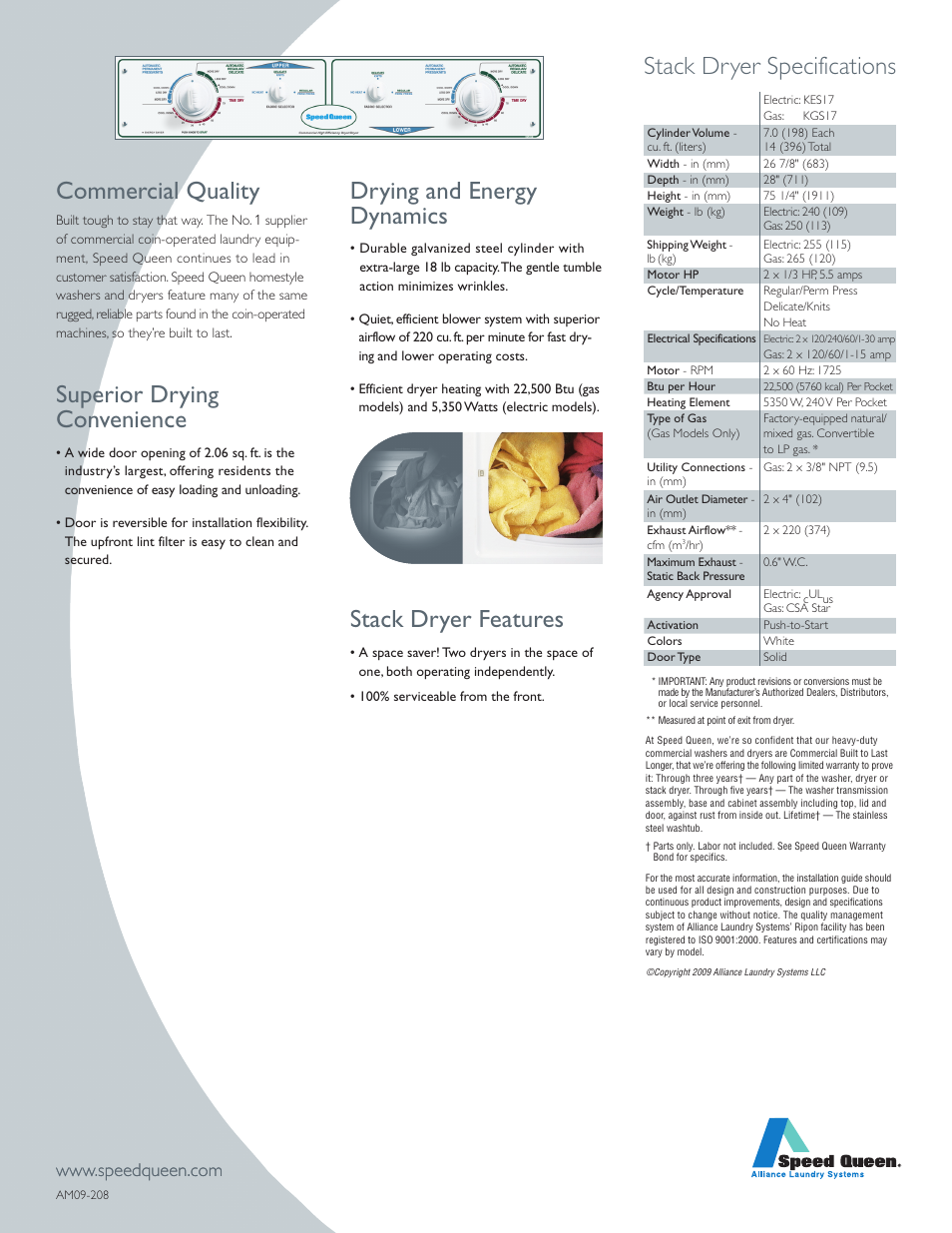 Drying and energy dynamics, Stack dryer features, Stack dryer specifications commercial quality | Superior drying convenience | Speed Queen KGS17 User Manual | Page 2 / 2