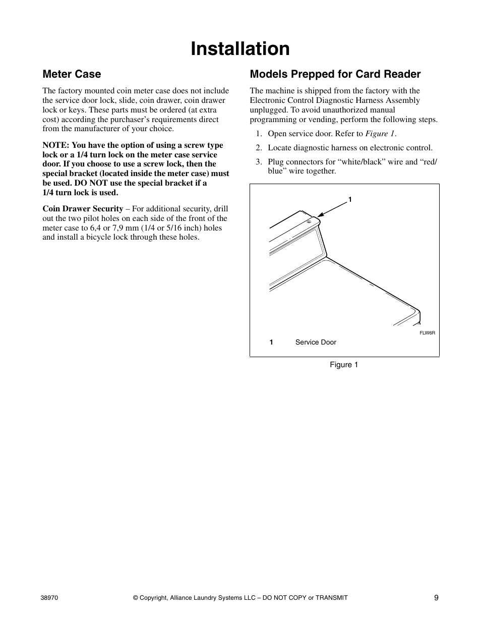 Installation, Meter case, Models prepped for card reader | Speed Queen W446I User Manual | Page 11 / 92