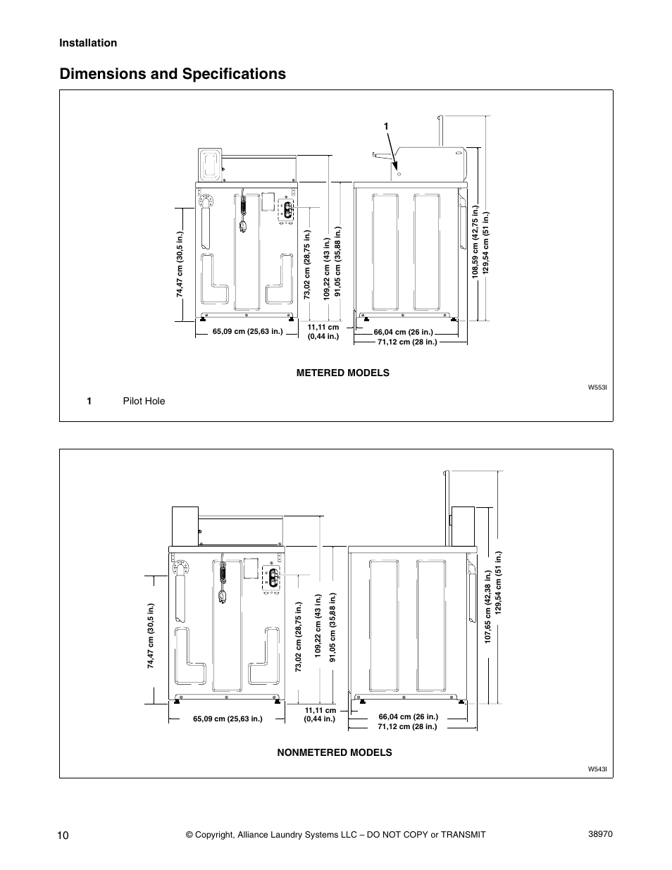 Dimensions and specifications, Installation, 1pilot hole metered models | Nonmetered models | Speed Queen W446I User Manual | Page 12 / 92