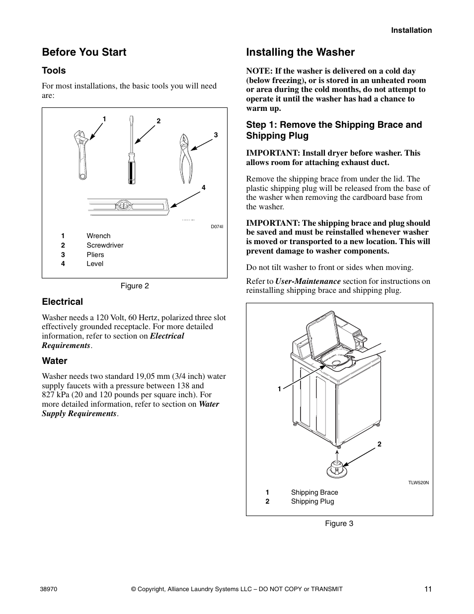 Before you start, Tools electrical water, Installing the washer | Speed Queen W446I User Manual | Page 13 / 92