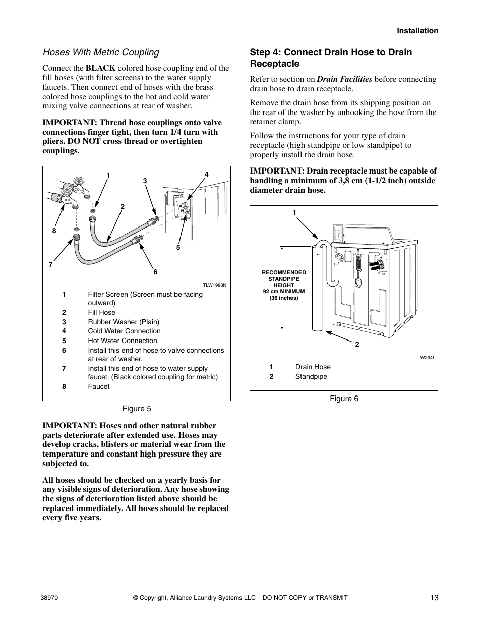 Step 4: connect drain hose to drain receptacle, Hoses with metric coupling | Speed Queen W446I User Manual | Page 15 / 92