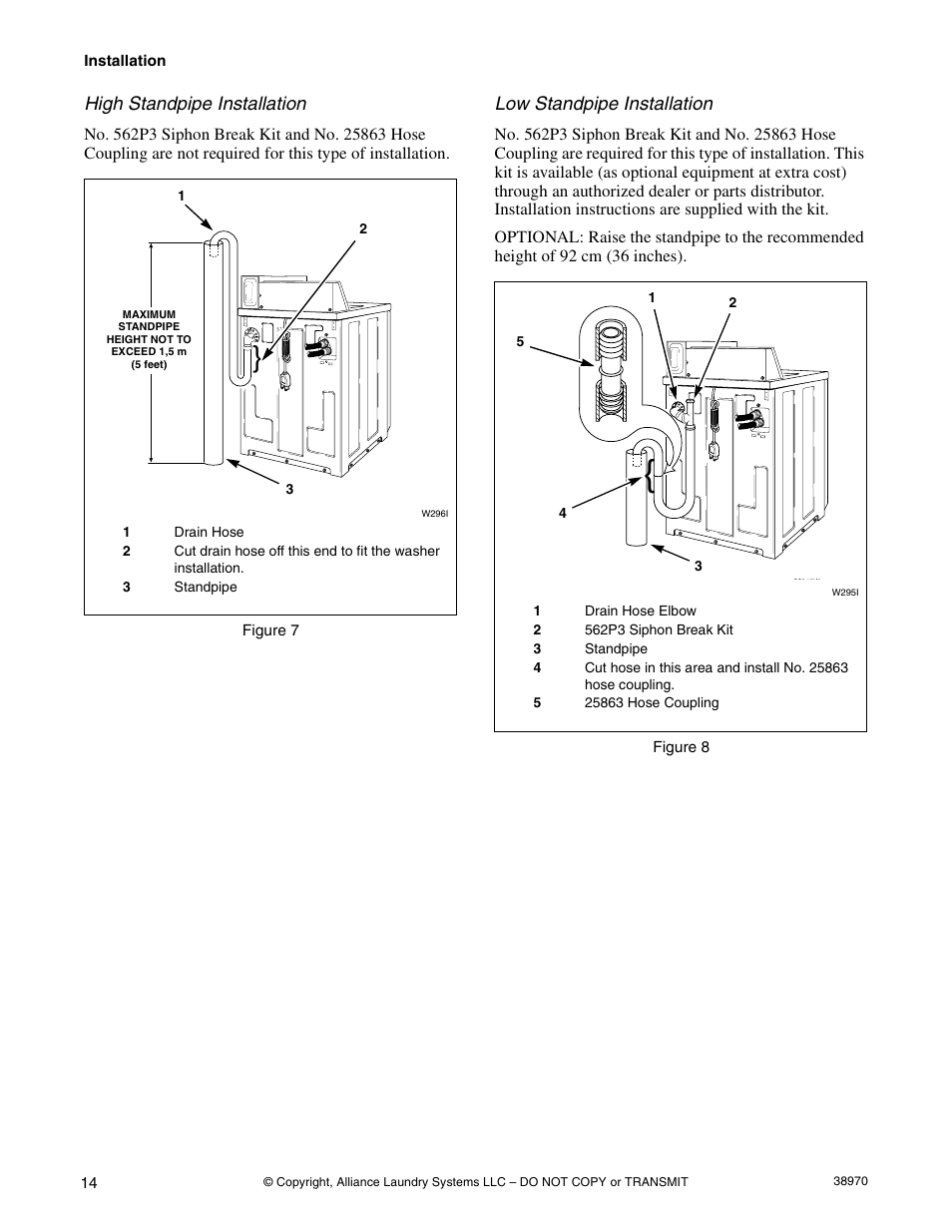 High standpipe installation, Low standpipe installation | Speed Queen W446I User Manual | Page 16 / 92