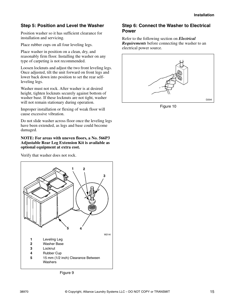 Step 5: position and level the washer, Step 6: connect the washer to electrical power | Speed Queen W446I User Manual | Page 17 / 92