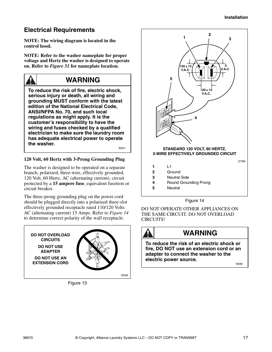 Electrical requirements, Warning | Speed Queen W446I User Manual | Page 19 / 92