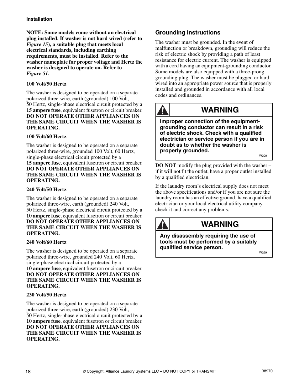 Grounding instructions, Warning | Speed Queen W446I User Manual | Page 20 / 92