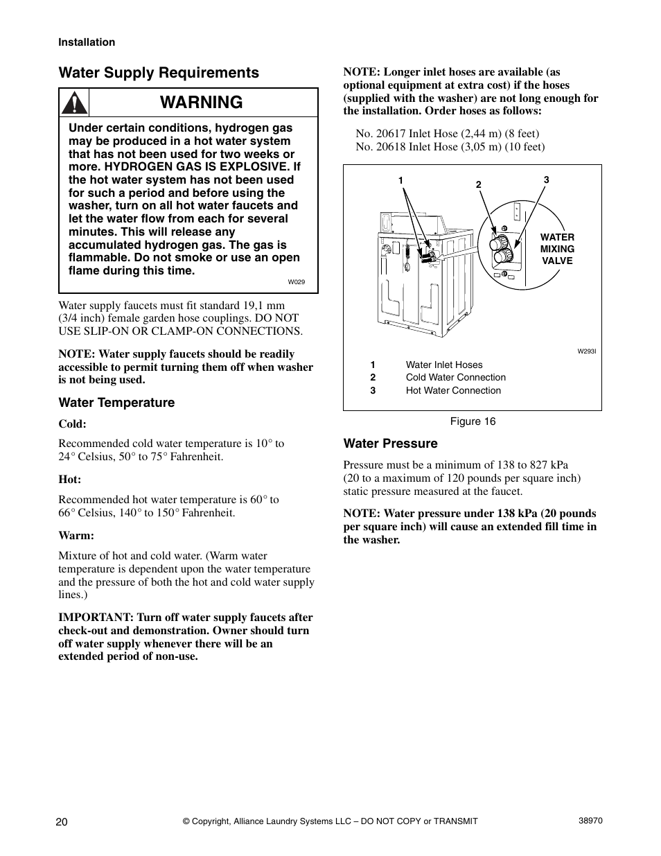 Water supply requirements, Water temperature water pressure, Warning | Speed Queen W446I User Manual | Page 22 / 92