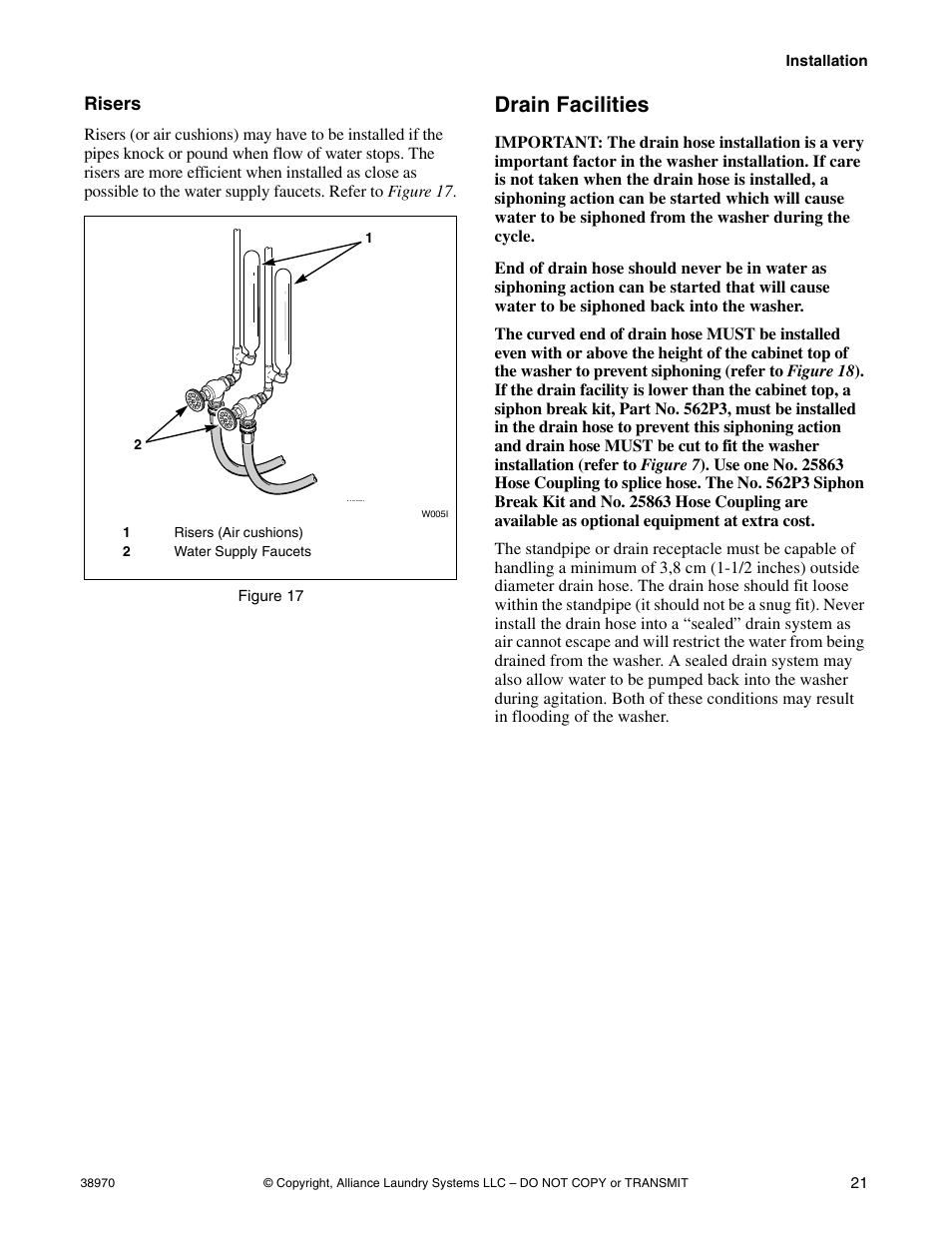 Risers, Drain facilities | Speed Queen W446I User Manual | Page 23 / 92