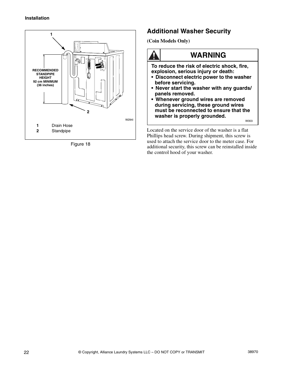Additional washer security, Warning | Speed Queen W446I User Manual | Page 24 / 92
