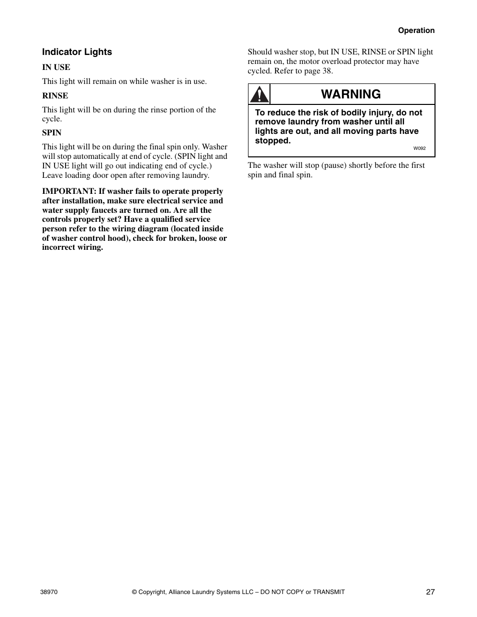 Indicator lights, Warning | Speed Queen W446I User Manual | Page 29 / 92
