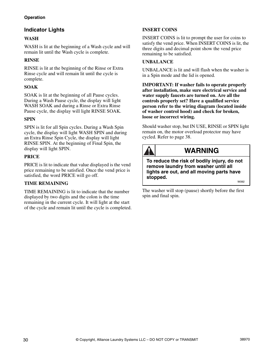Indicator lights, Warning | Speed Queen W446I User Manual | Page 32 / 92