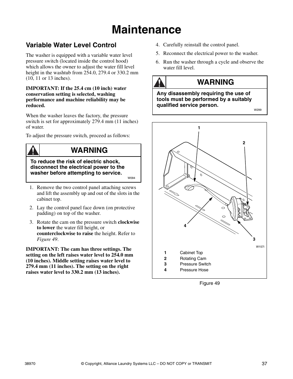 Maintenance, Variable water level control, Warning | Speed Queen W446I User Manual | Page 39 / 92