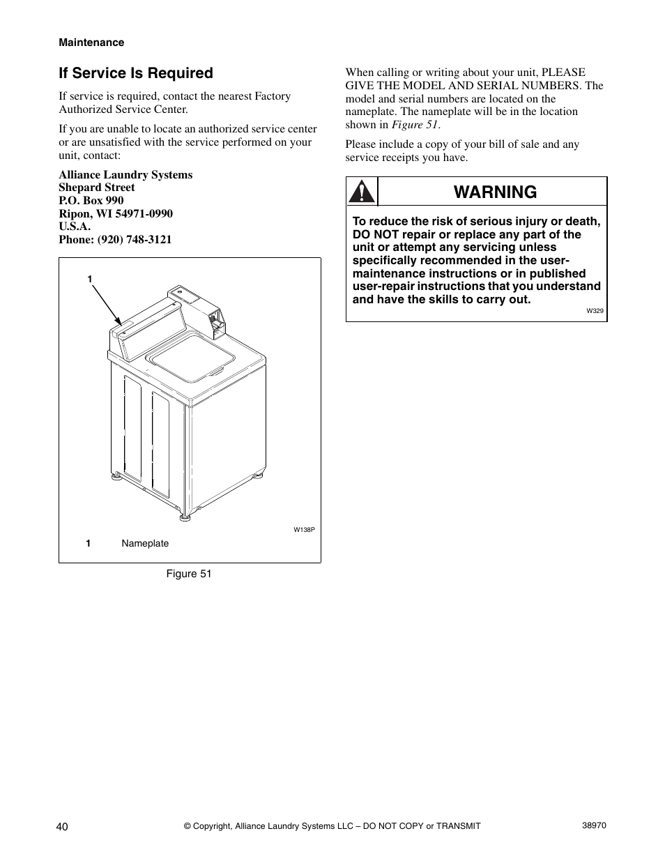 If service is required, Warning | Speed Queen W446I User Manual | Page 42 / 92