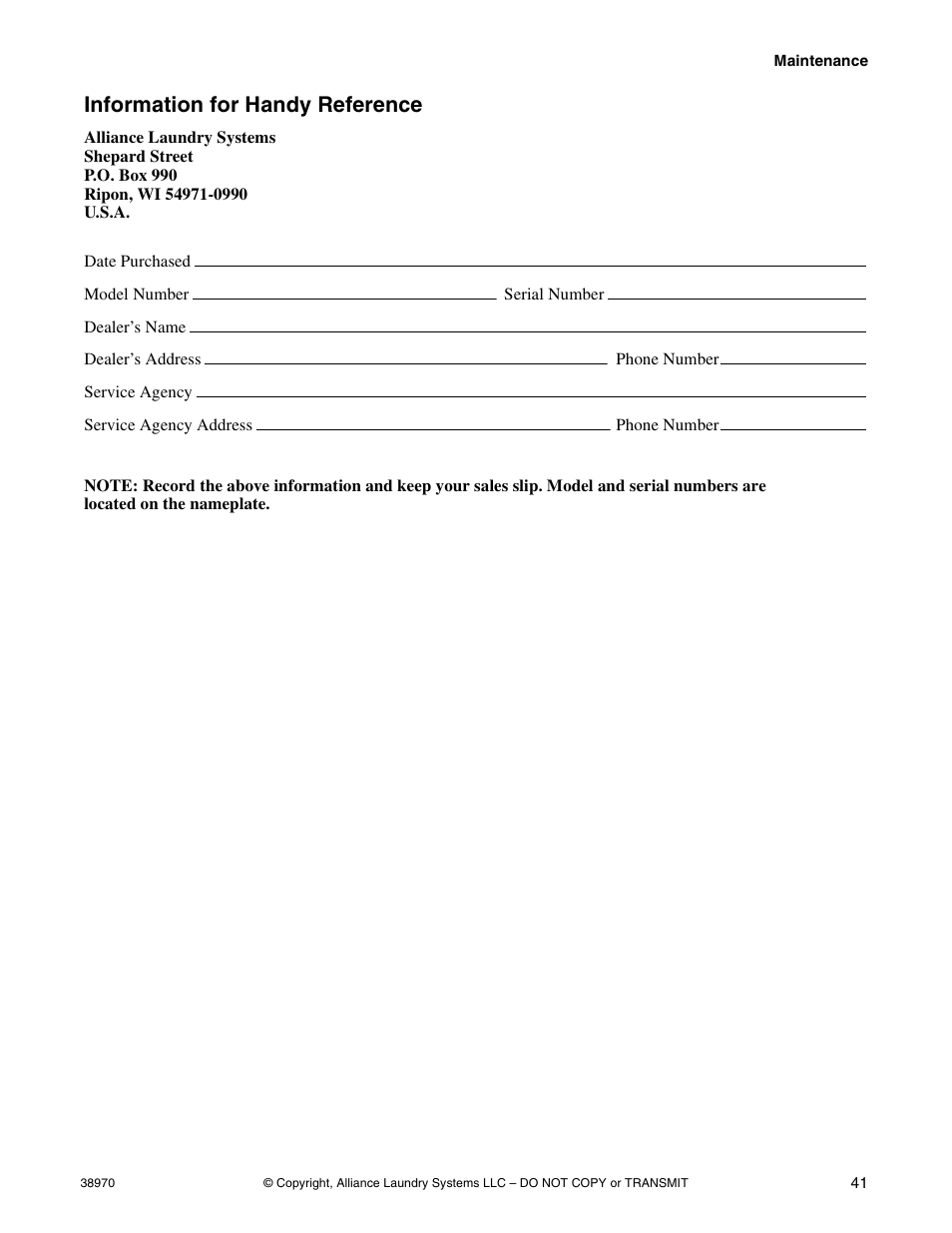 Information for handy reference | Speed Queen W446I User Manual | Page 43 / 92