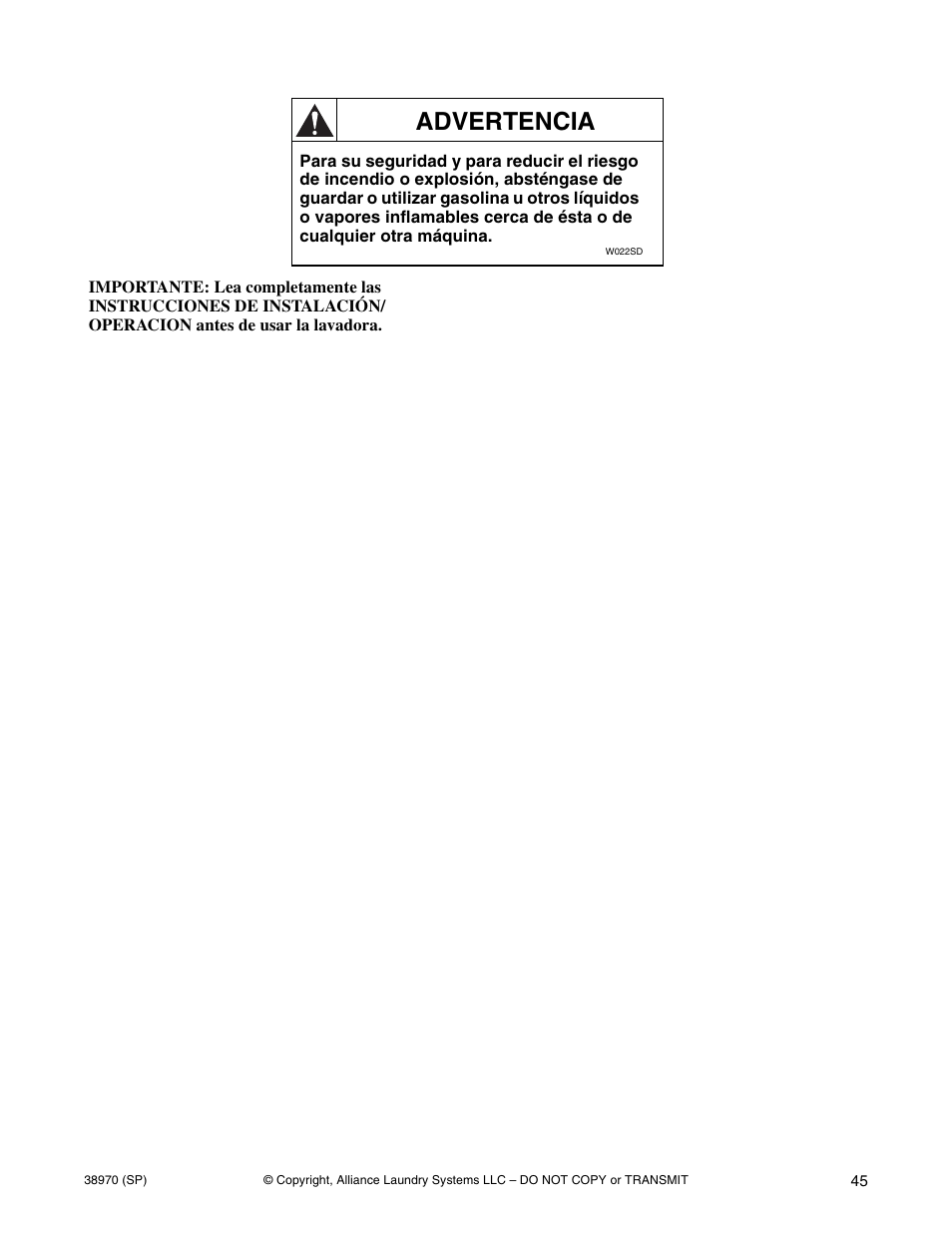 Advertencia | Speed Queen W446I User Manual | Page 47 / 92