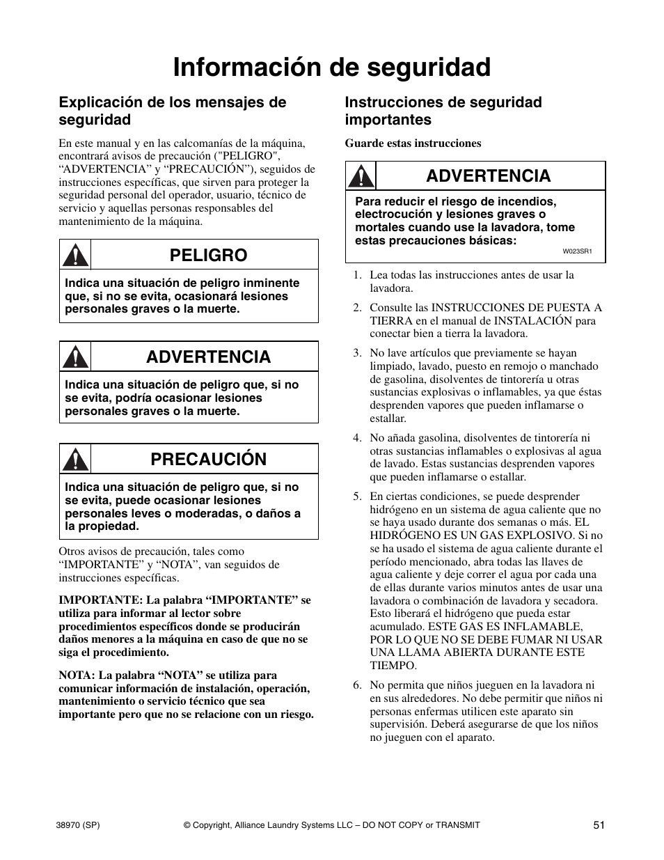Información de seguridad, Peligro, Advertencia | Precaución | Speed Queen W446I User Manual | Page 53 / 92