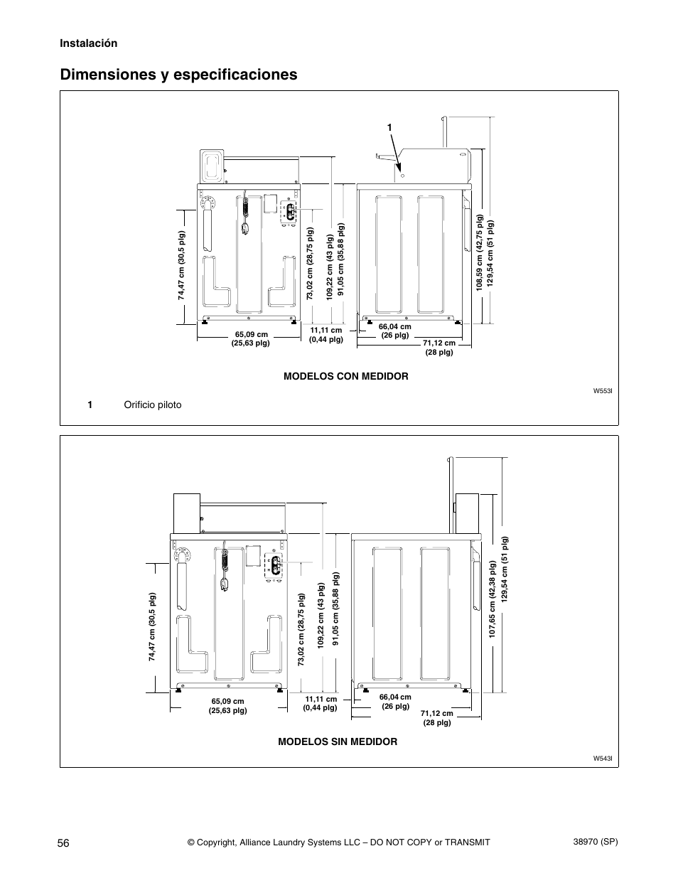 Dimensiones y especificaciones, Instalación, 1orificio piloto modelos con medidor | Modelos sin medidor | Speed Queen W446I User Manual | Page 58 / 92