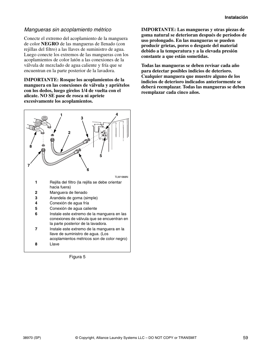 Mangueras sin acoplamiento métrico | Speed Queen W446I User Manual | Page 61 / 92