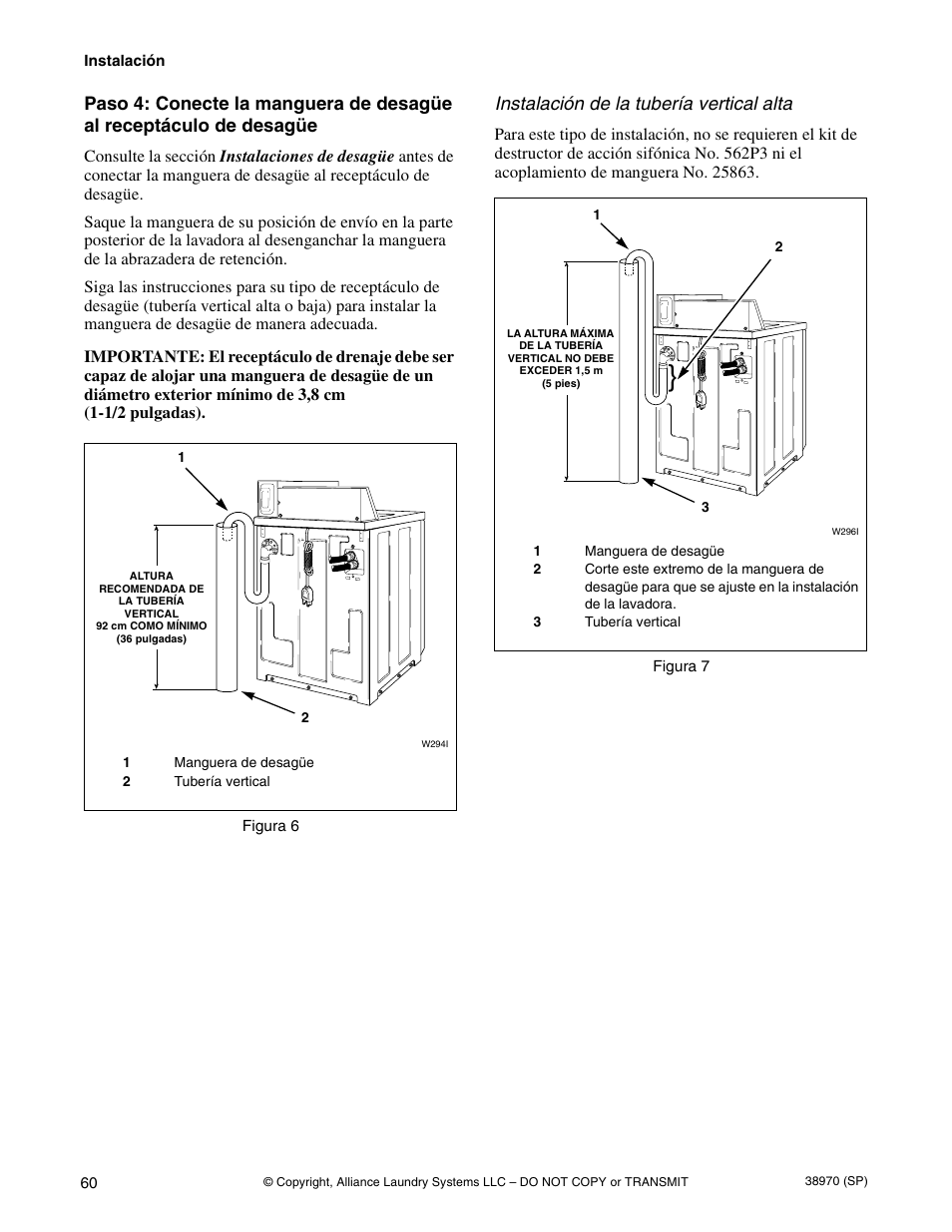 De desagüe, Instalación de la tubería vertical alta | Speed Queen W446I User Manual | Page 62 / 92